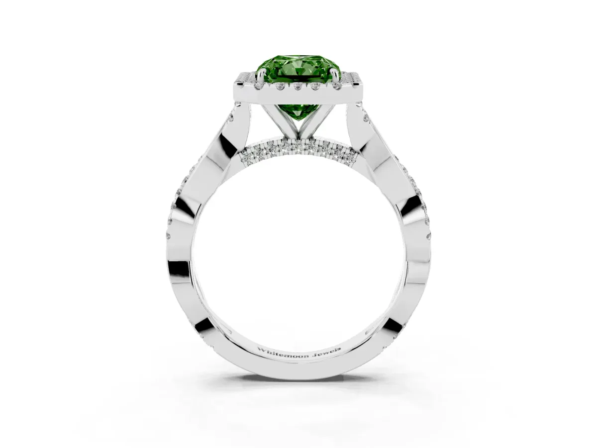 Fancy Green Radiant Cut Halo Twist Band Solitaire Ring Silver
