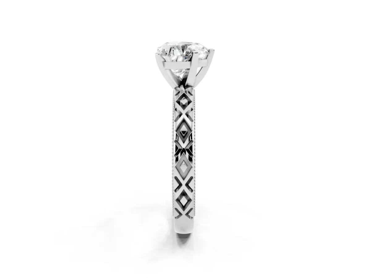 Heart Cut Solitaire Diamond Ring with Milgrain and Black Enamel X Pattern Band Silver
