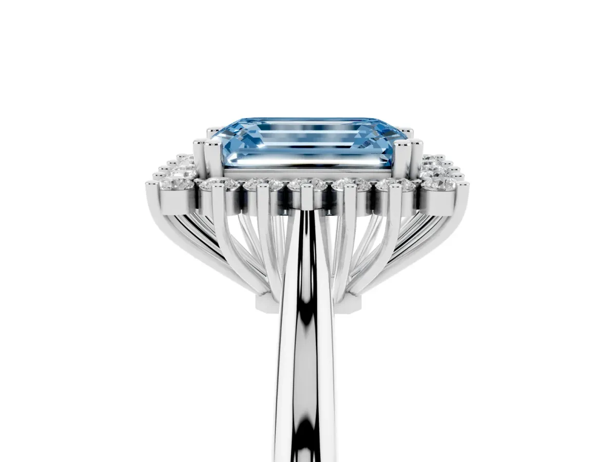 Fancy Blue Emerald Cut Cut Diamond Halo Ring with Solitaire Band and Prong Setting Silver