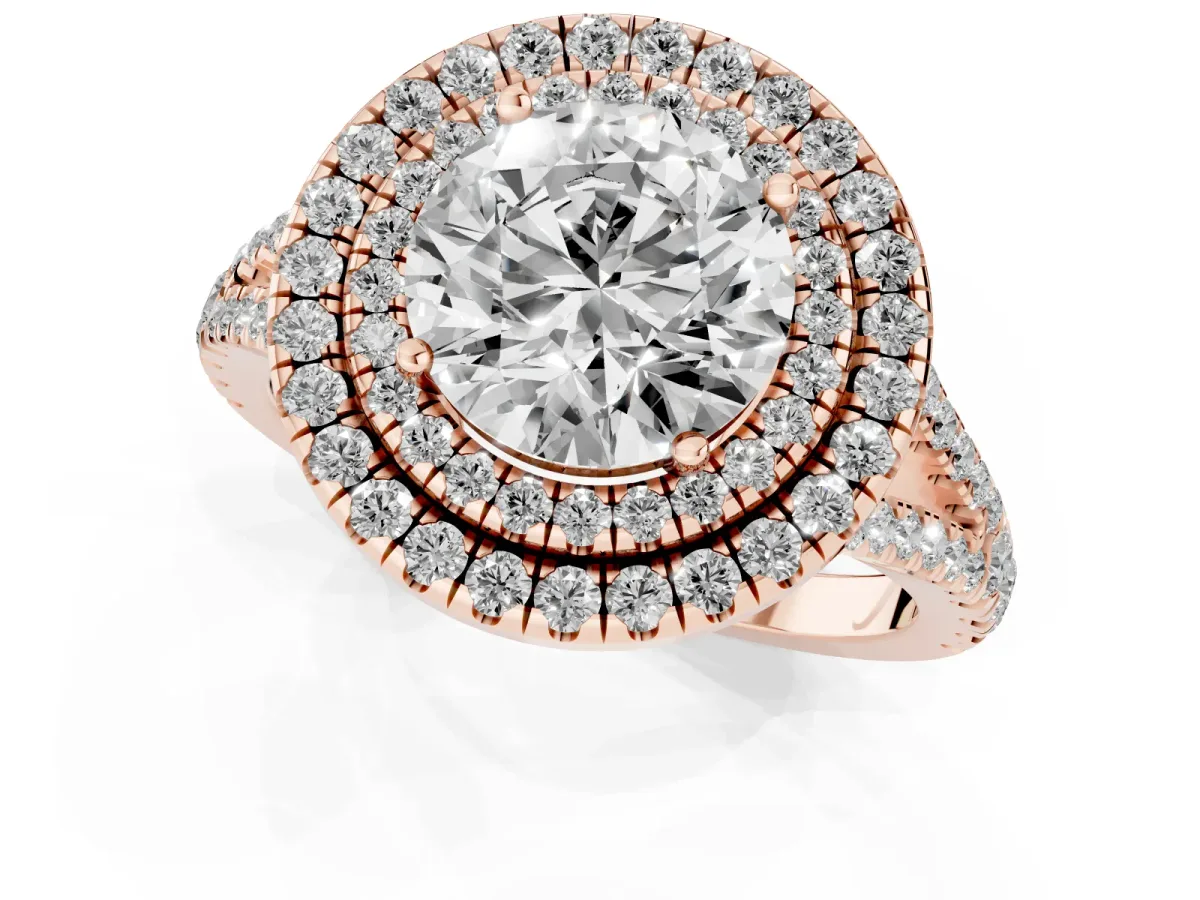 Round Cut Diamond Double Halo Ring with Pavé Band and Prong Setting Rose gold
