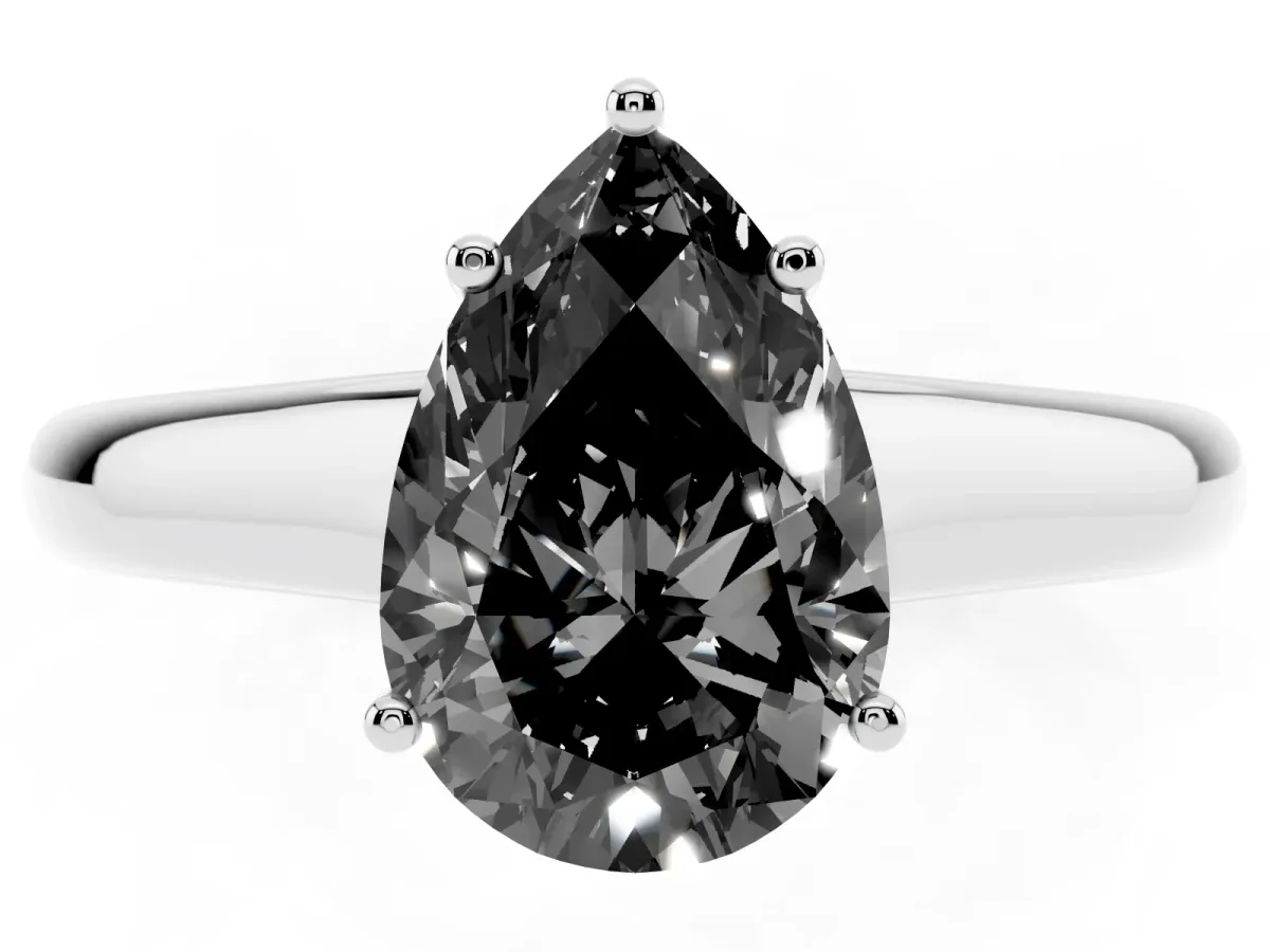 Fancy Black Pear Cut Solitaire Engagement Ring with Tapered Band and Four-Prong Setting Silver