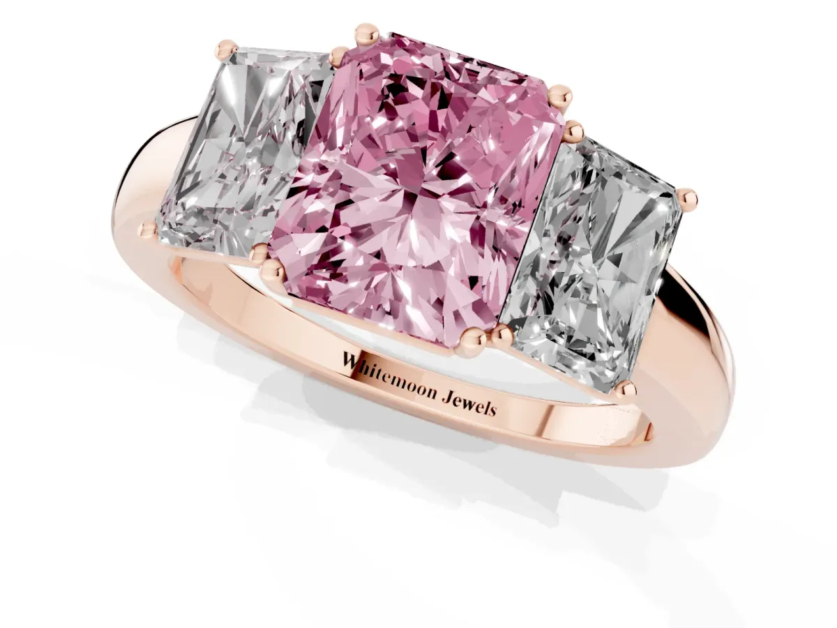 Fancy Pink Radiant Cut Diamond Three-Stone Ring with Four-Prong Setting and Classic Band Rose gold
