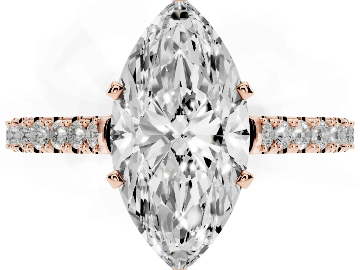 Marquise Cut Cut Solitaire Diamond Engagement Ring with Pave Band and Four-Prong Setting Rose gold
