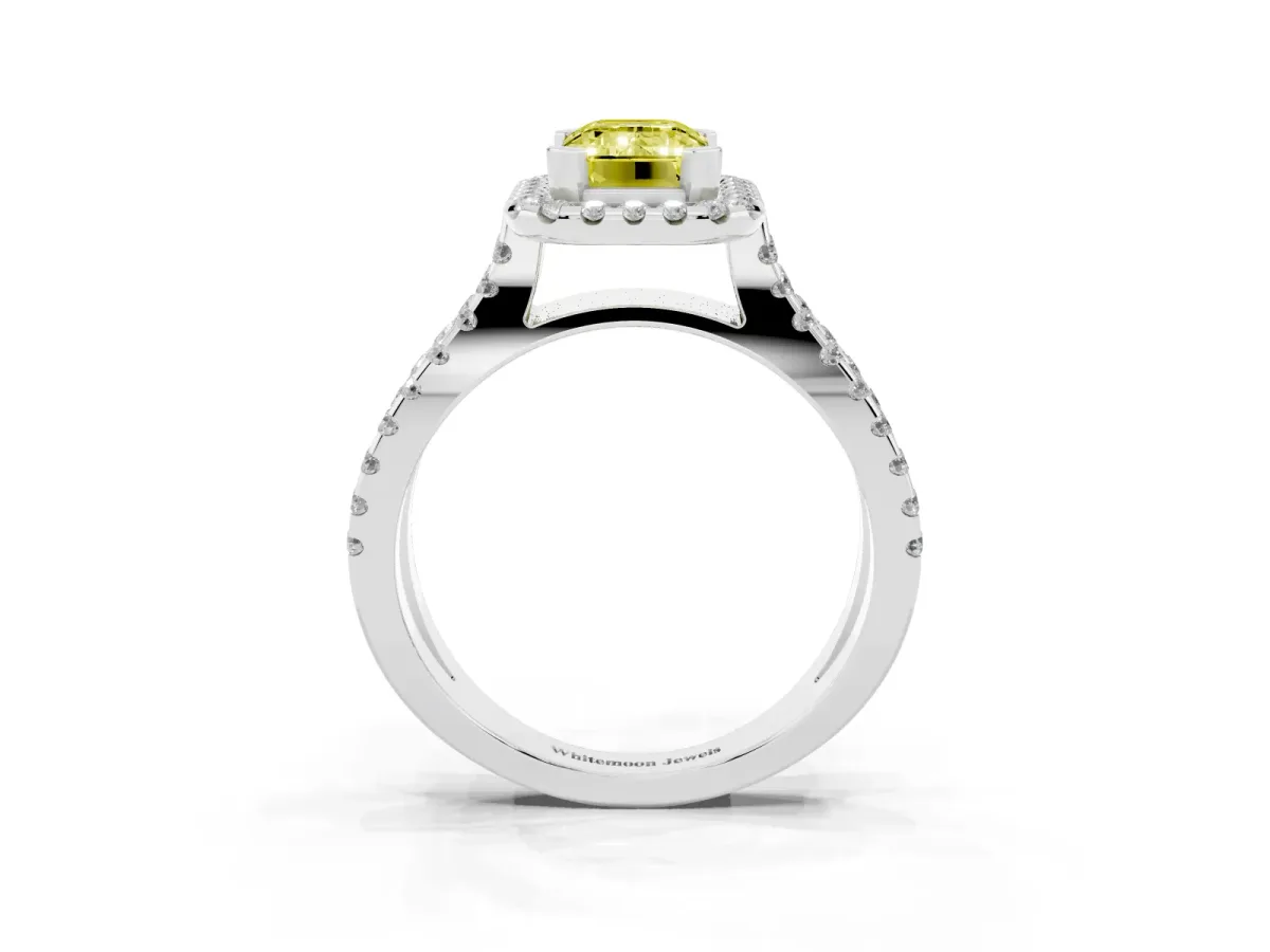 Fancy Yellow Emerald Cut Diamond Halo Ring with Split Shank Pavé Band and Prong Setting Silver