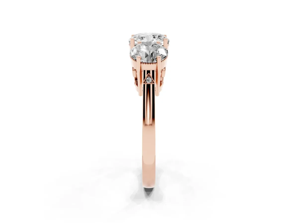 Three-Stone Cushion Cut Diamond Engagement Ring with Prong Setting on a Classic Band Rose gold