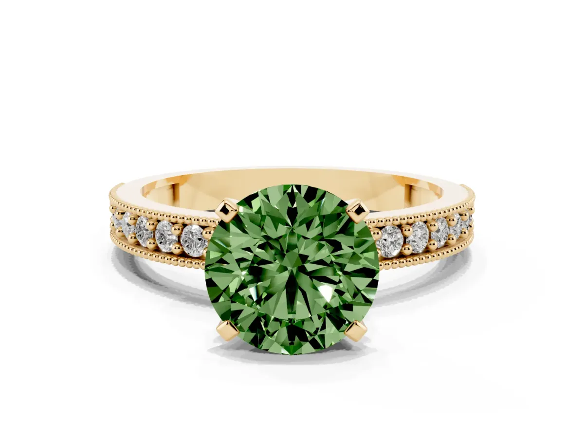 Fancy Green Round Cut Diamond Milgrain Pavé Engagement Ring with Four-Prong Setting Yellow gold