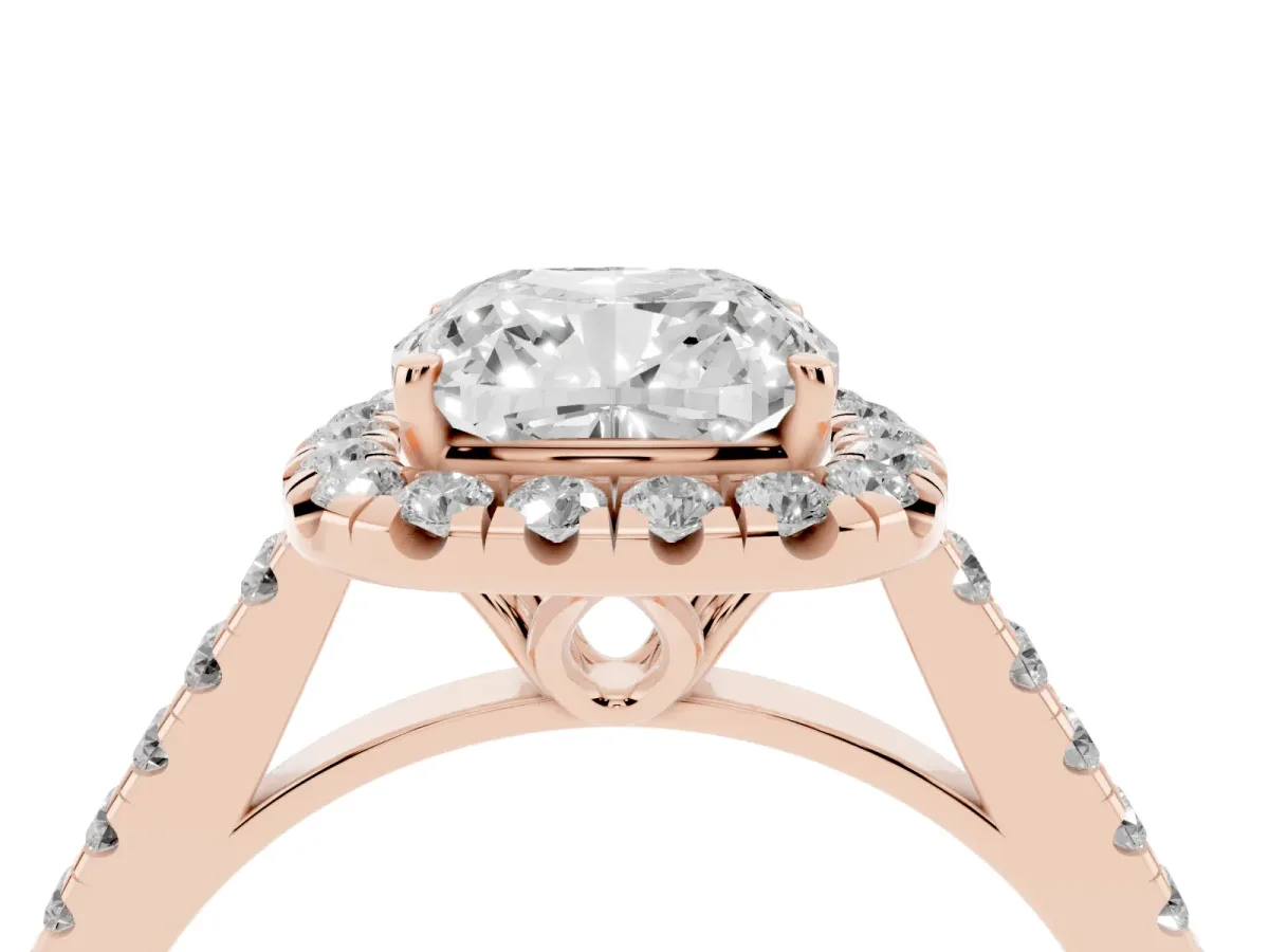 Cushion Cut Halo Pavé Diamond Engagement Ring with Four-Prong Setting Rose gold