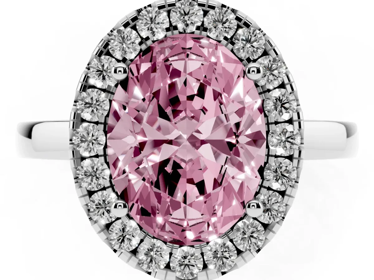 Fancy Pink Oval Cut Halo Diamond Solitaire with Pavé Band and Four-Prong Setting White gold