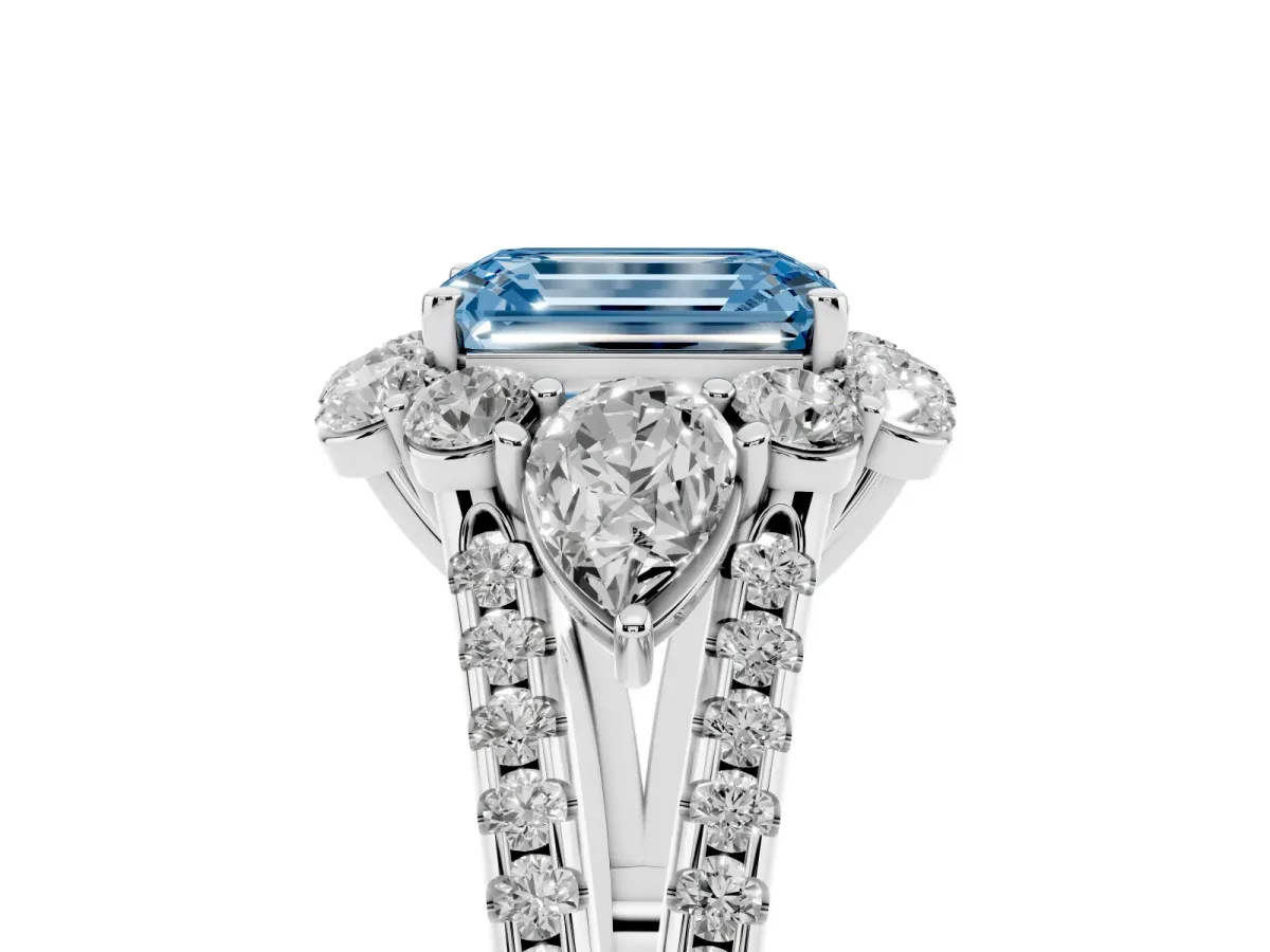 Fancy Blue Emerald Cut Halo Split Shank Diamond Engagement Ring with Prong Setting Silver