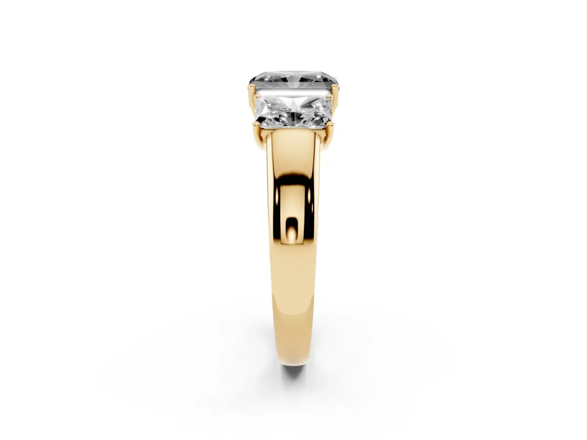Fancy Black Three-Stone Radiant Cut Cut Diamond Ring with Prong Setting and Classic Band Yellow gold