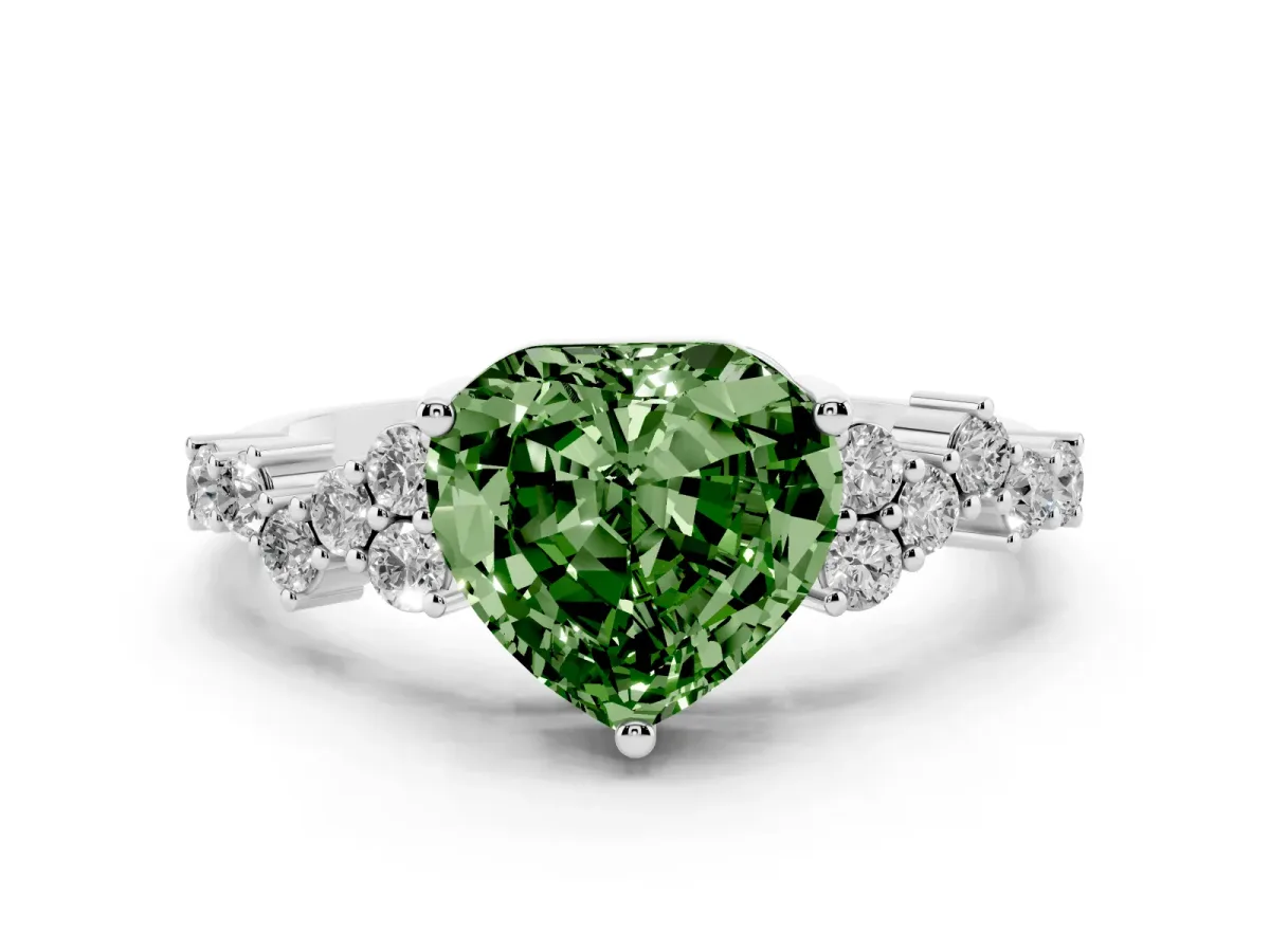 Fancy Green Heart Cut Diamond Scattered Round Accent Ring with Prong Setting White gold