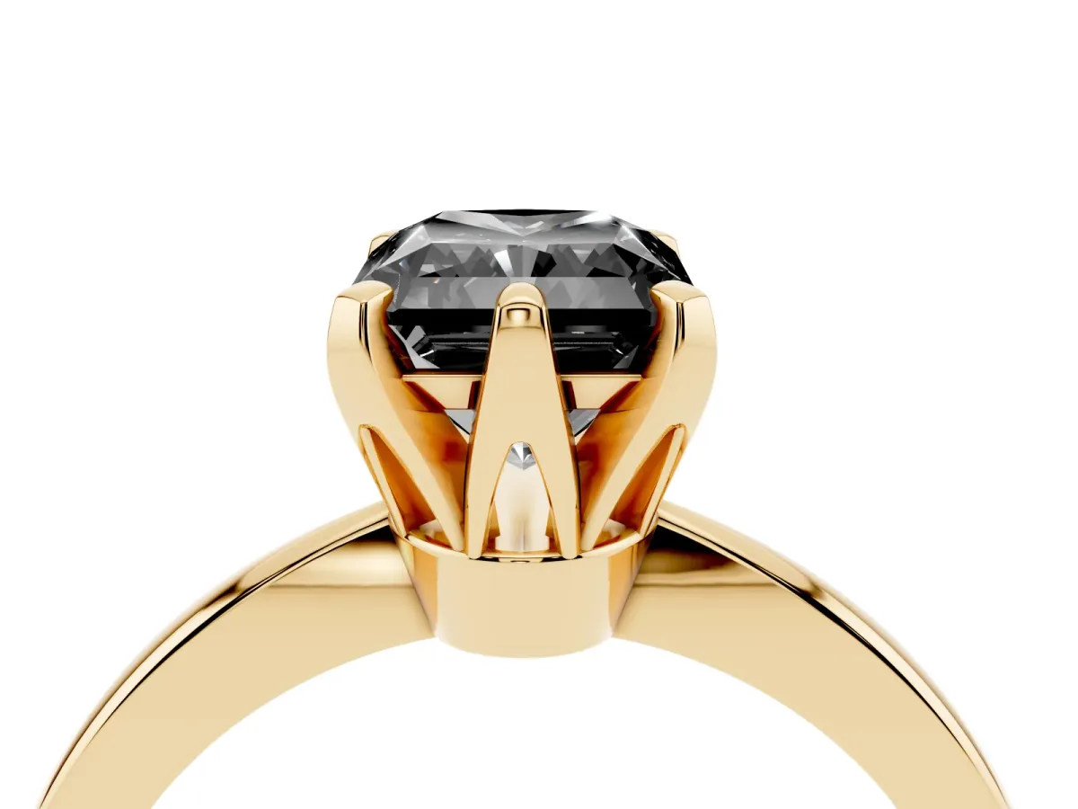 Fancy Black Radiant Cut Solitaire Engagement Ring with Six-Prong Setting and Tapered Band Yellow gold