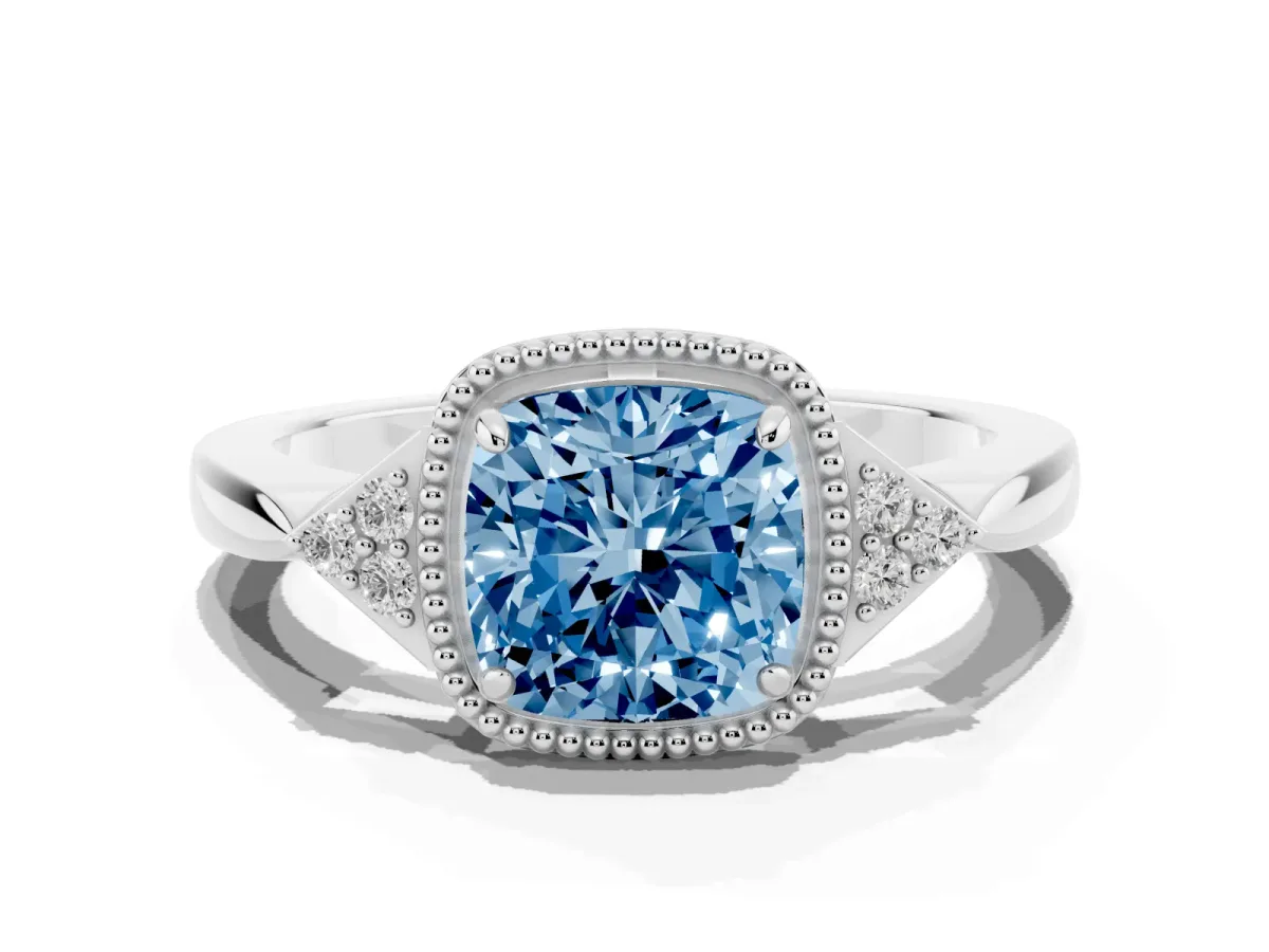 Fancy Blue Hexagonal Halo Cushion Cut Diamond Solitaire with Pavé Band and Four-Prong Setting Silver