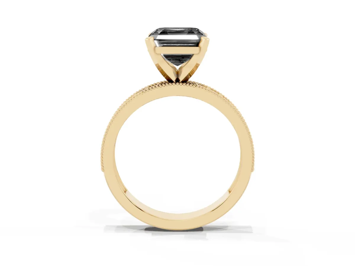 Fancy Black Asscher Cut Diamond Milgrain Pavé Engagement Ring with Four-Prong Setting Yellow gold