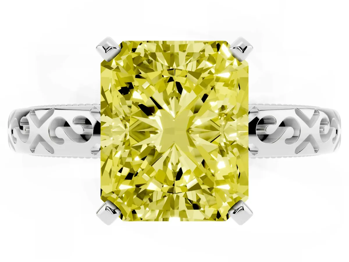 Fancy Yellow Radiant Cut Solitaire Engagement Ring with Scrollwork Band and Four-Prong Setting White gold