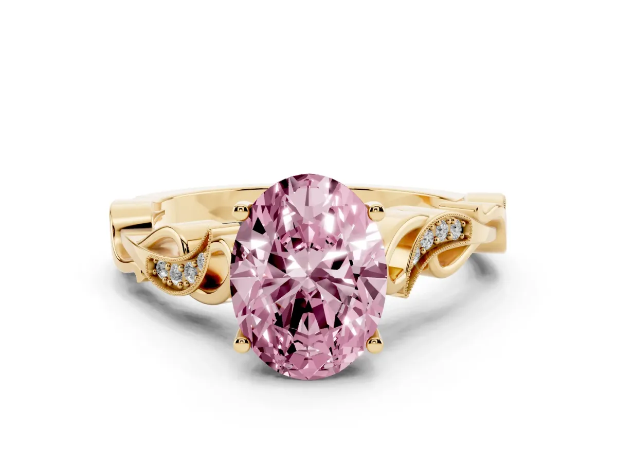 Fancy Pink Oval Cut Solitaire Vine Band with Milgrain Prong Setting Yellow gold