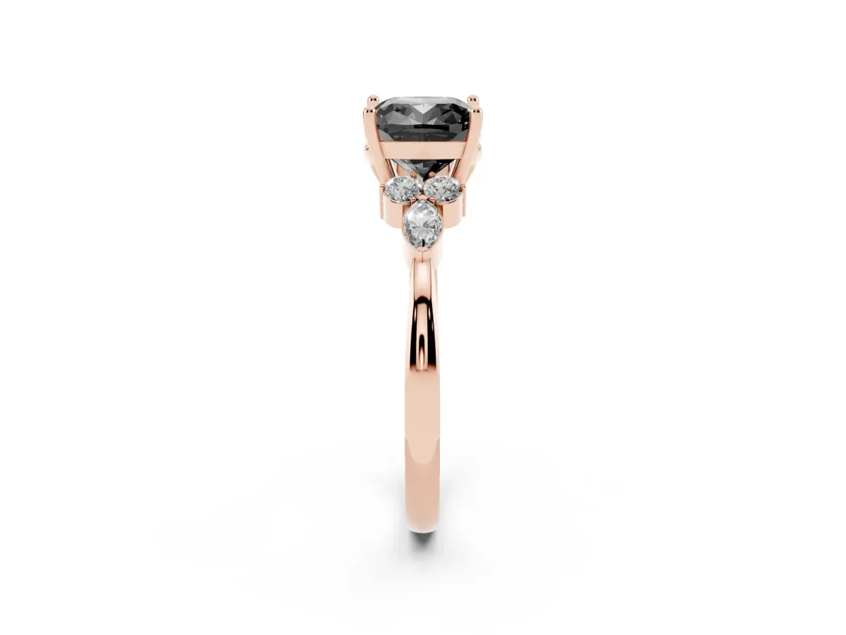 Fancy Black Cushion Cut Brilliant Diamond Solitaire Ring with Pear Side Stones and Four-Prong Setting Rose gold