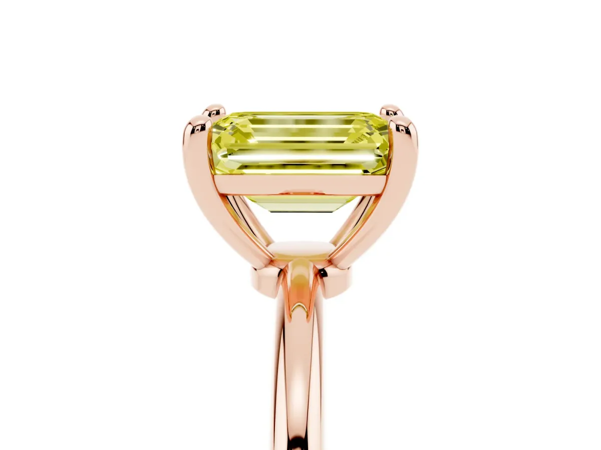 Fancy Yellow Emerald Cut Solitaire Diamond Ring with 4-Prong Setting on a Classic Band Rose gold