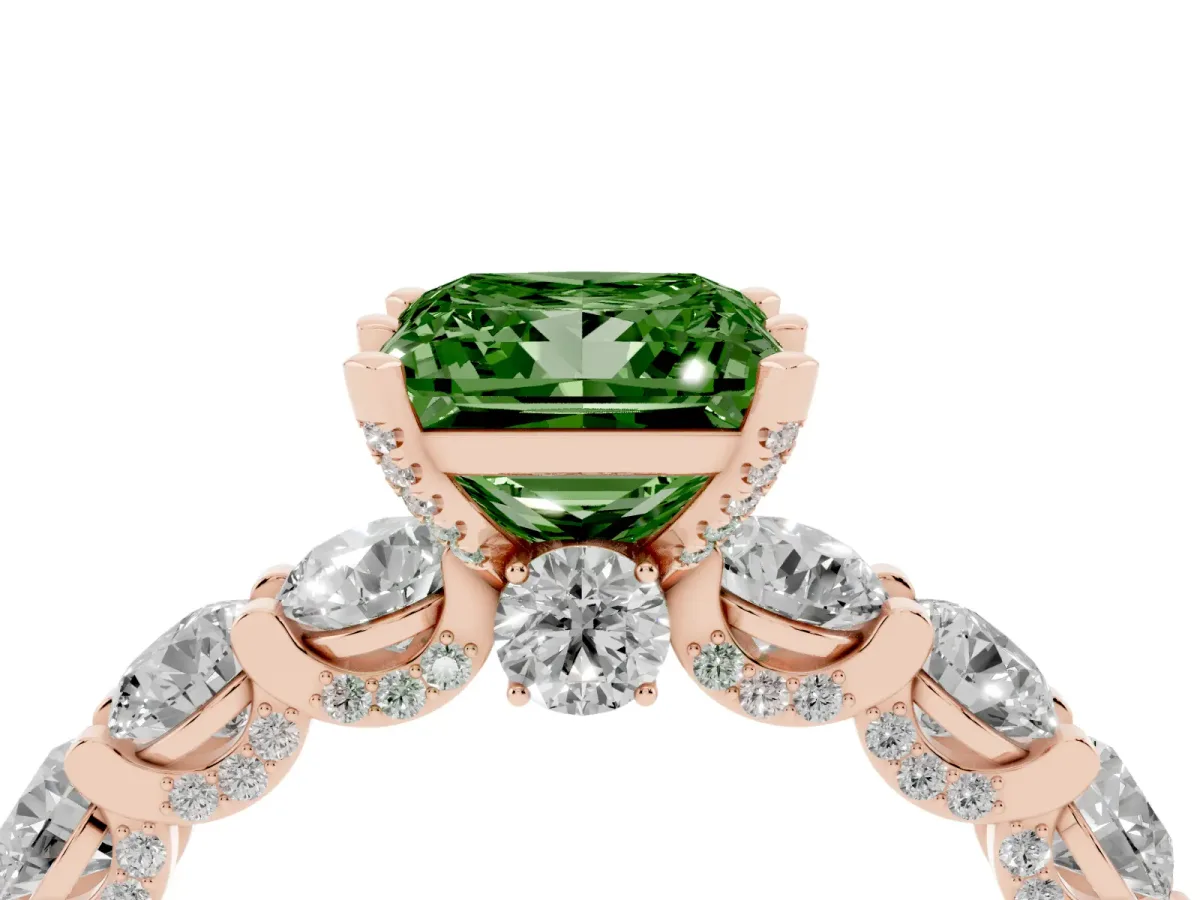 Fancy Green Princess Cut Diamond Side Stone Engagement Ring with Four-Prong Setting Rose gold