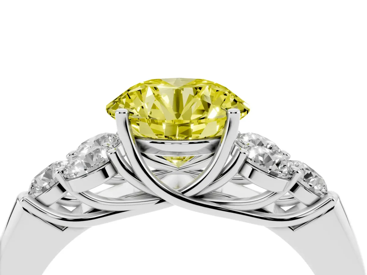 Fancy Yellow Round Cut Cut Diamond Cluster Ring with Round Accent Stones and Prong Setting on a Classic Band Platinum