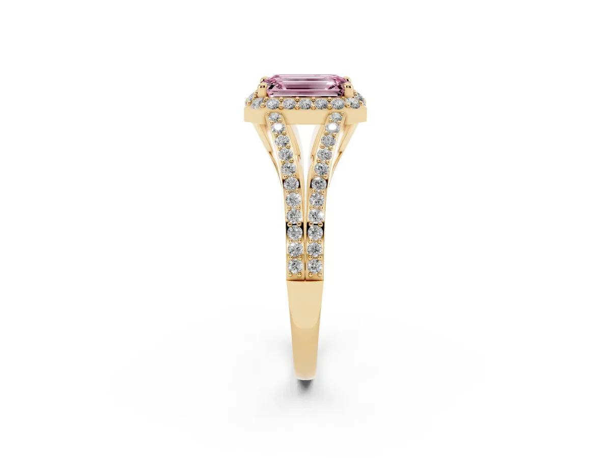 Fancy Pink Emerald Cut Halo Split Shank Pave Diamond Ring with Four-Prong Setting Yellow gold