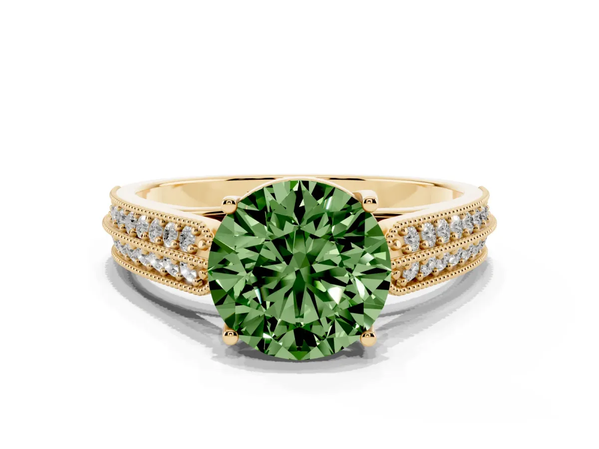 Fancy Green Round Cut Cut Pave Split Shank Engagement Ring with Four-Prong Setting Yellow gold