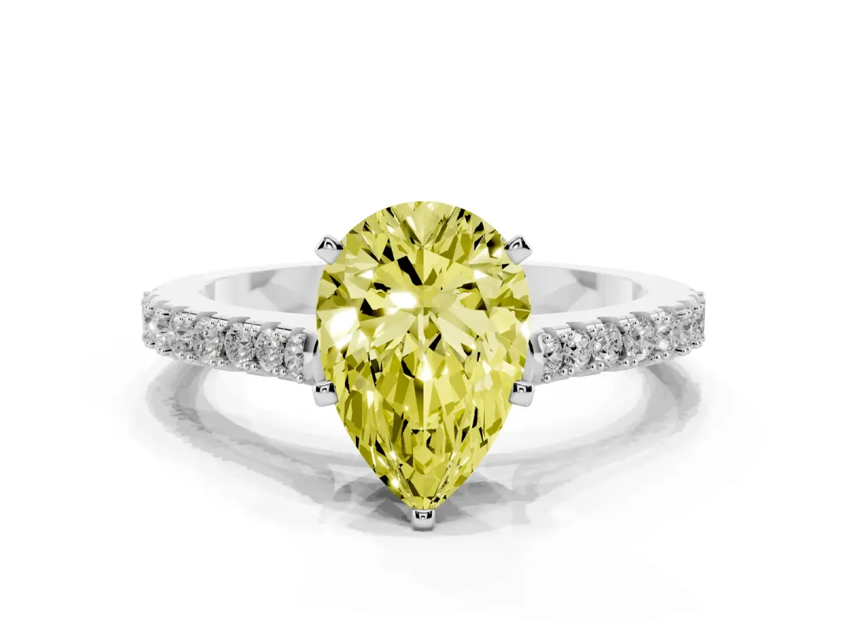 Fancy Yellow Pear Cut Cut Solitaire Diamond Engagement Ring with Pave Band and Four-Prong Setting Platinum