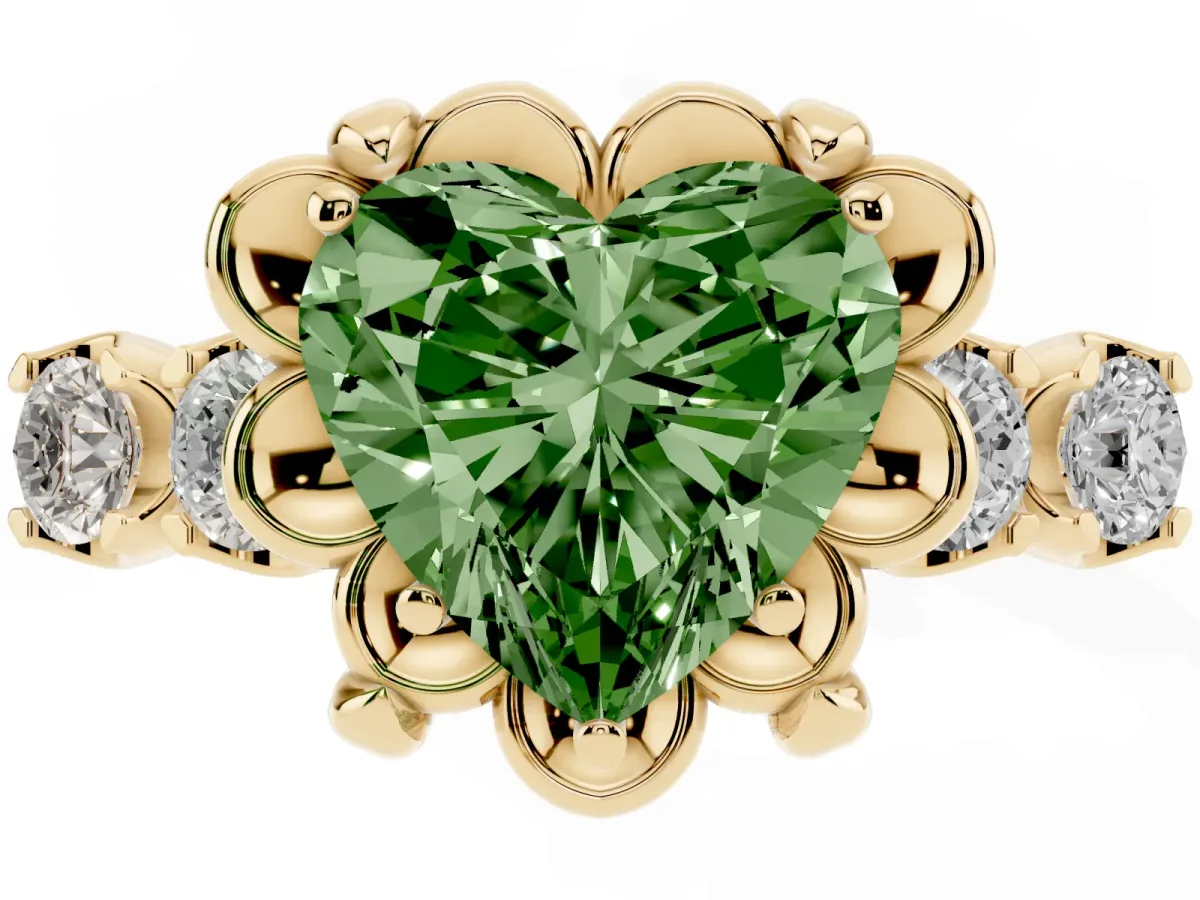 Fancy Green Heart Cut Cut Diamond Floral Halo Engagement Ring with Shared Prong Setting Yellow gold