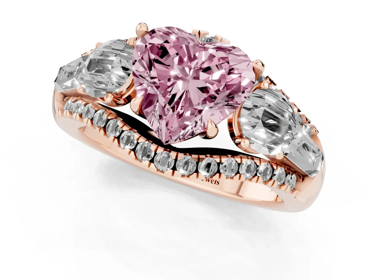 Fancy Pink Three-Stone Heart Cut Diamond Engagement Ring with Pave Band and Prong Setting Rose gold