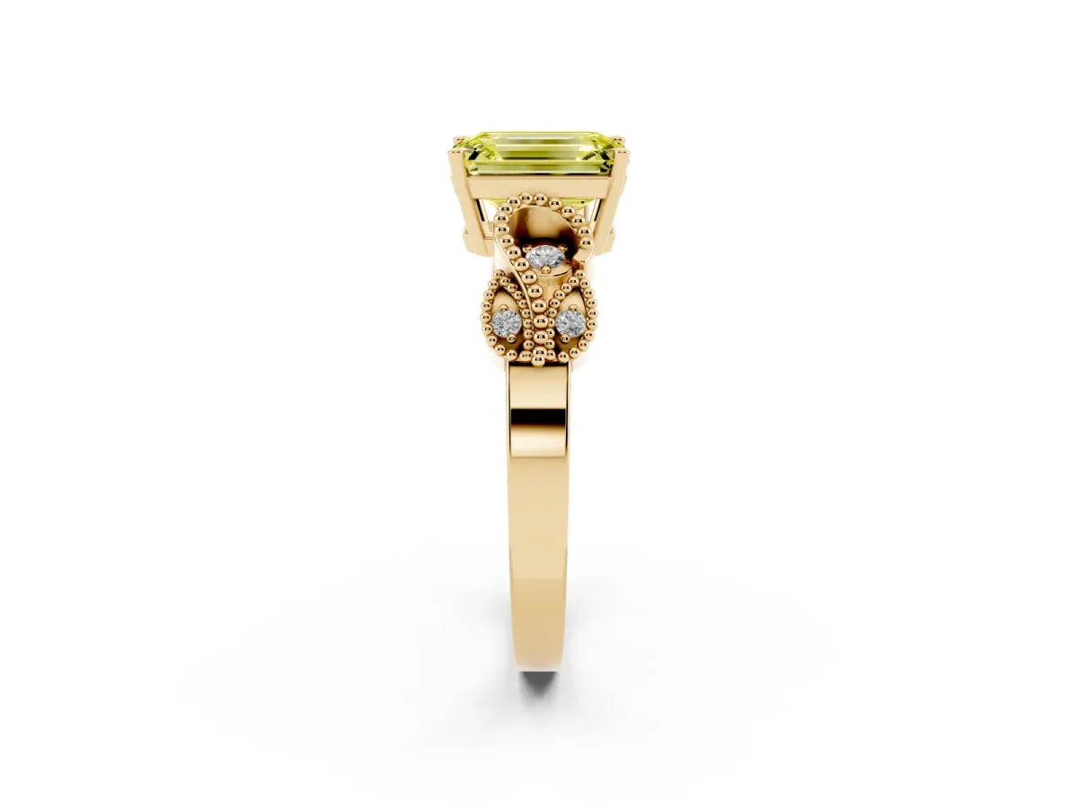 Fancy Yellow Emerald Cut Solitaire Milgrain Leaf Band with Prong Setting Yellow gold
