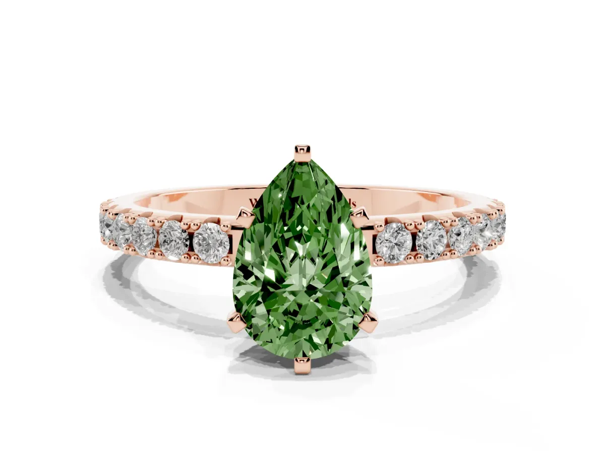 Fancy Green Pear Cut Diamond Solitaire Pavé Band with Four-Prong Setting Rose gold