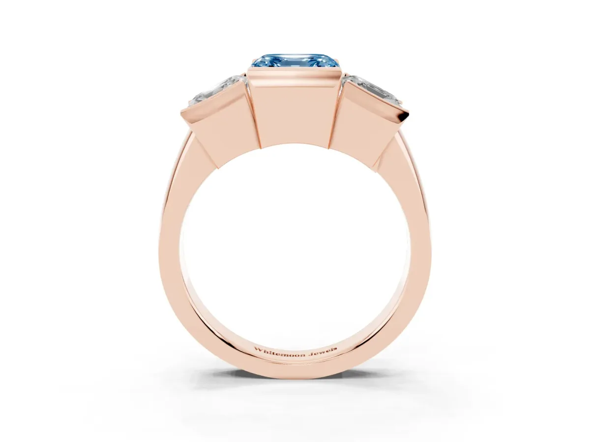 Fancy Blue Three Stone Asscher Cut Cut Channel Set Diamond Ring Rose gold