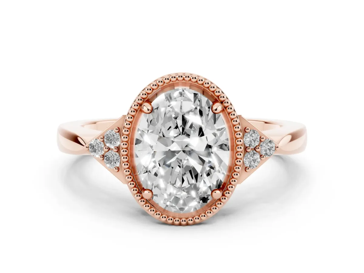Hexagonal Halo Oval Cut Diamond Solitaire with Pavé Band and Four-Prong Setting Rose gold