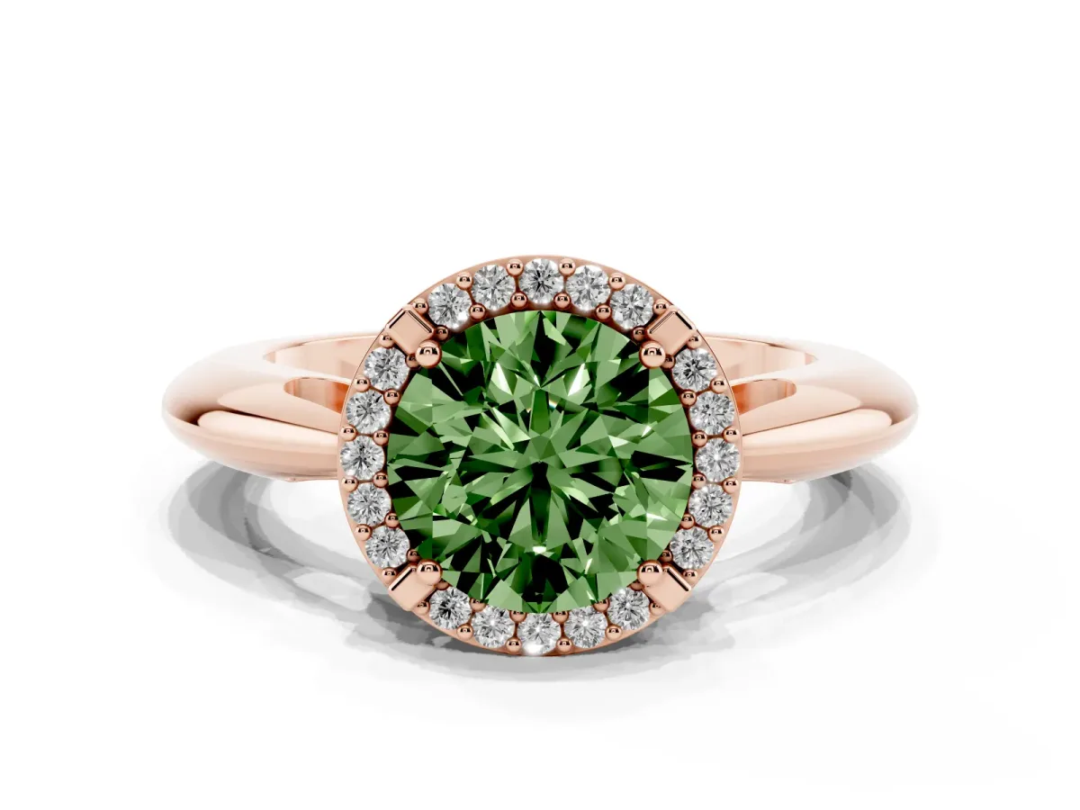 Fancy Green Round Cut Cut Diamond Halo Engagement Ring with Split Shank and Four-Prong Setting Rose gold
