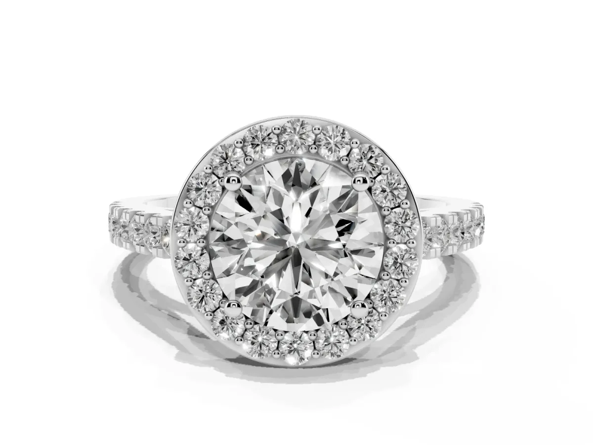 Round Cut Diamond Halo Ring with Round Pavé Split Shank and Prong Setting Silver