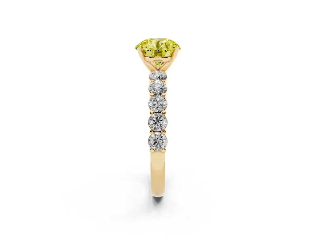 Fancy Yellow Round Cut Diamond Solitaire Ring with Shared Prong Round Side Stones Yellow gold