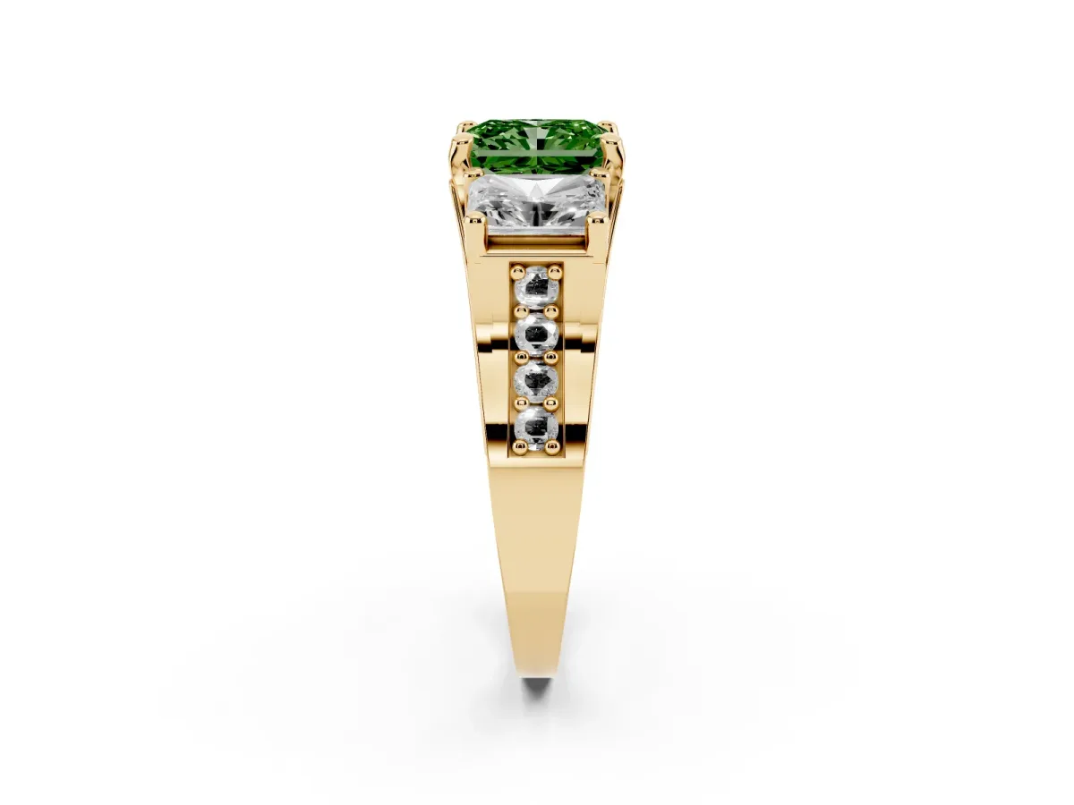 Fancy Green Radiant Cut Diamond Three-Stone Ring with Channel Set Band and Four-Prong Setting Yellow gold