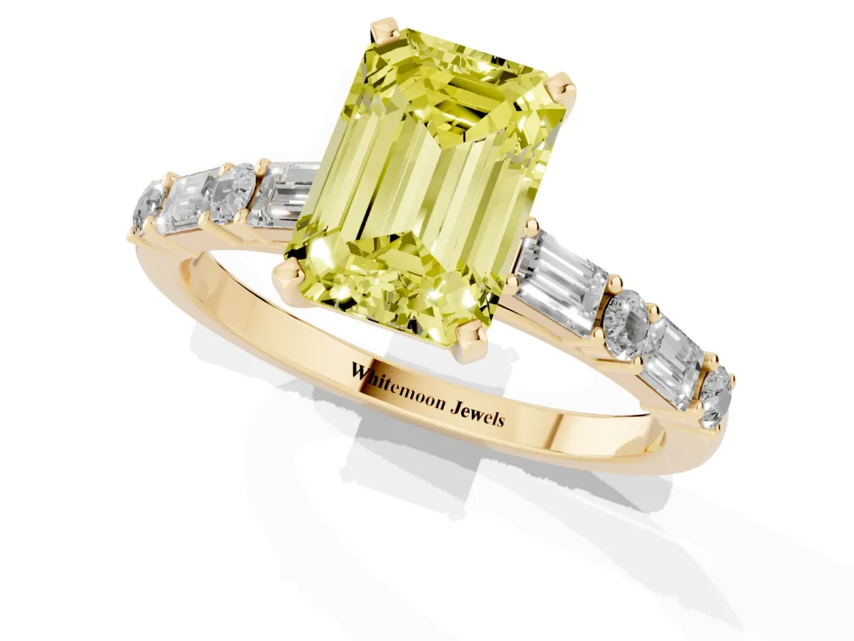 Fancy Yellow Emerald Cut Diamond Solitaire with Side Baguettes and Channel Set Band Yellow gold