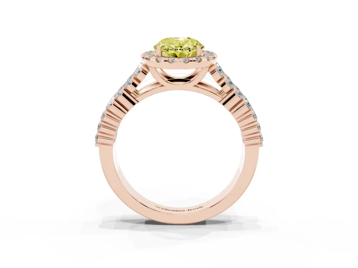 Fancy Yellow Oval Cut Diamond Halo Engagement Ring with Triple Row Round Pavé Band and Prong Setting Rose gold