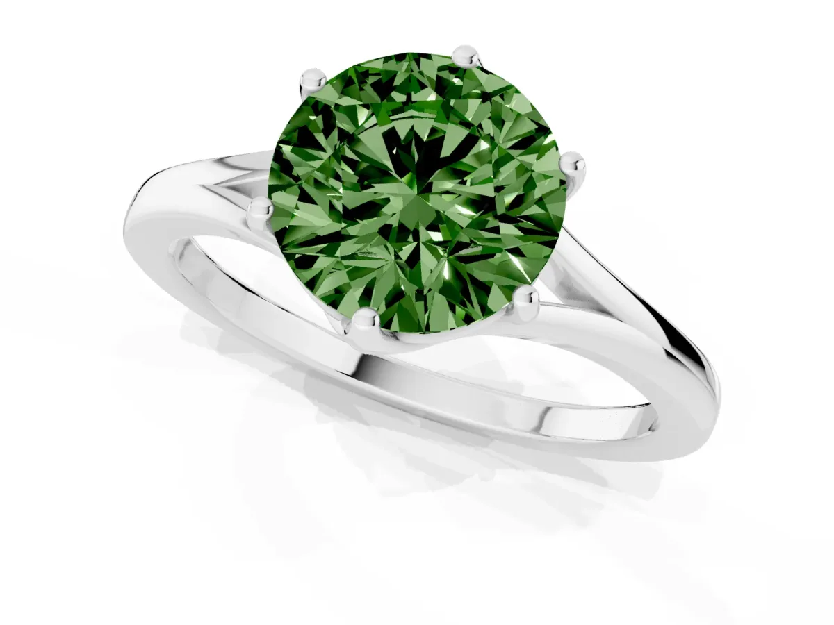 Fancy Green Round Cut Solitaire Diamond Ring with Six-Prong Setting and Tapered Band Silver