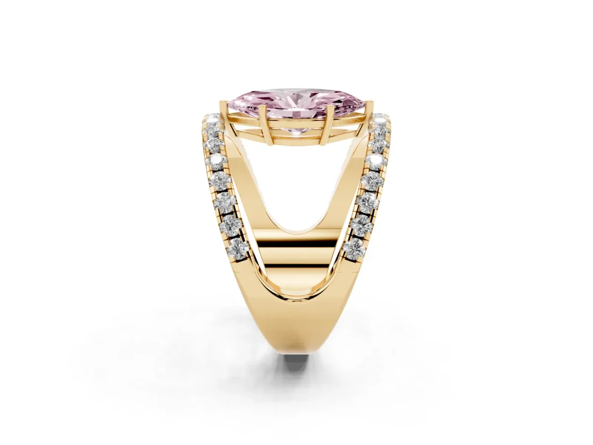Fancy Pink Marquise Cut Solitaire Split Shank Pave Diamond Ring Yellow gold