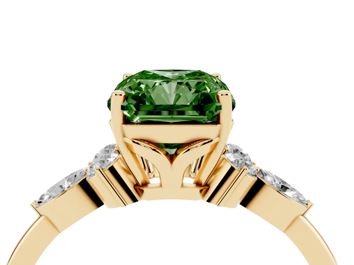 Fancy Green Radiant Cut Brilliant Diamond Solitaire Ring with Pear Side Stones and Four-Prong Setting Yellow gold