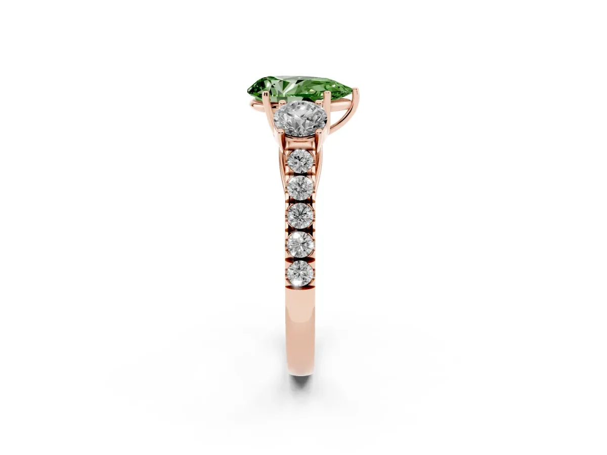 Fancy Green Pear Cut Cut Diamond Three-Stone Ring with Round Side Stones and Pavé Band Rose gold