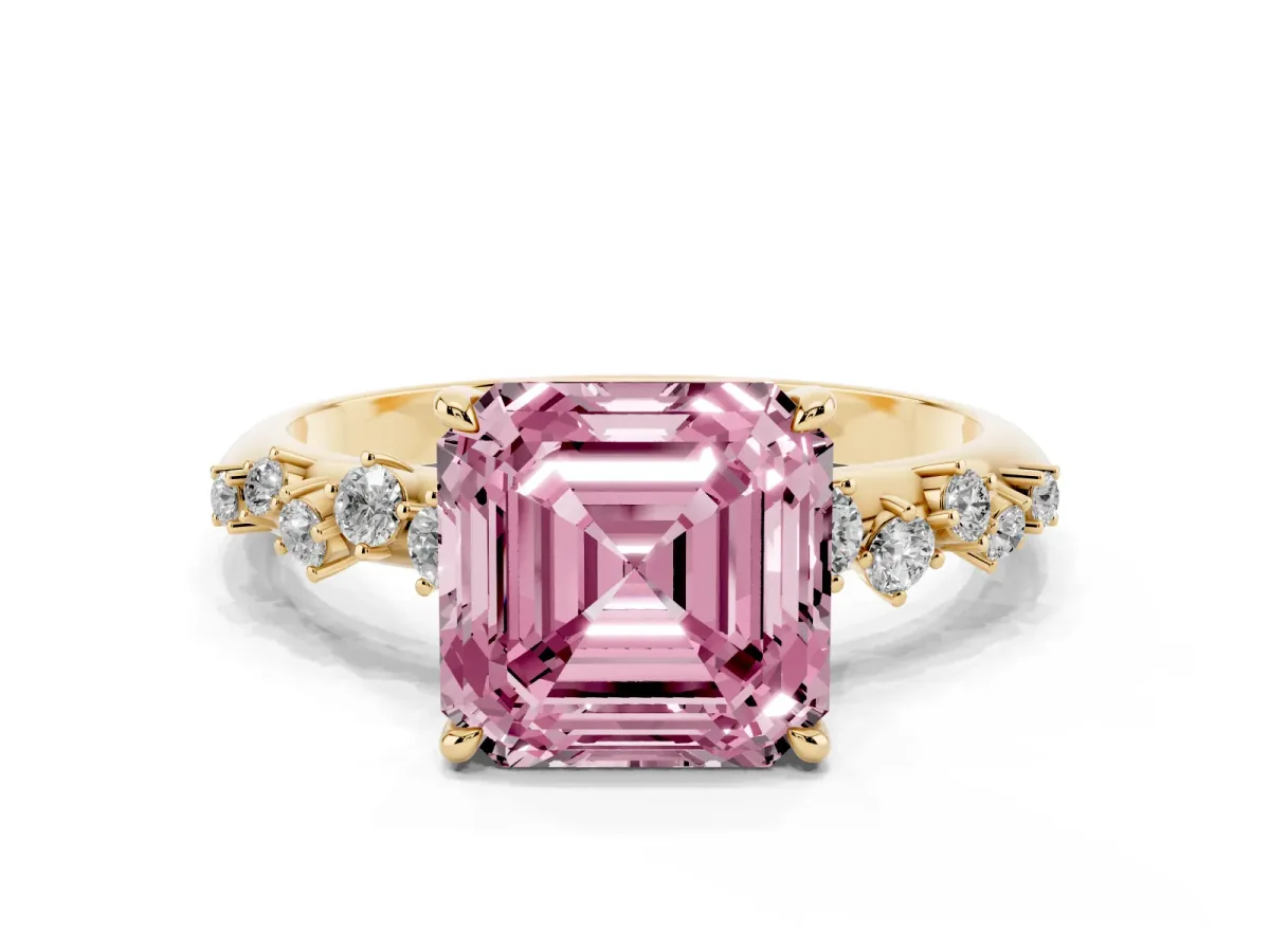 Fancy Pink Asscher Cut Diamond Cluster Side Stone Solitaire Ring with Prong Setting Yellow gold