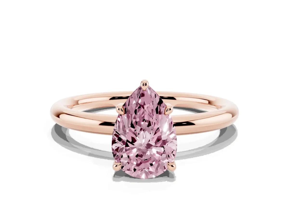 Fancy Pink Pear Cut Diamond Solitaire Ring with Thin Band and Four-Prong Setting Rose gold