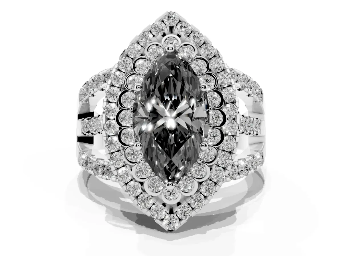 Fancy Black Marquise Cut Diamond Double Halo Ring with Round Pavé Split Shank and Prong Setting Silver
