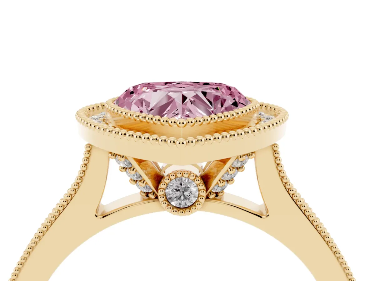 Fancy Pink Halo Heart Cut-Cut Diamond Pave Band Milgrain Prong Setting Ring Yellow gold