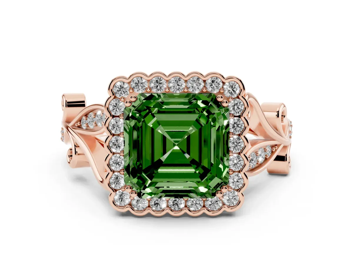 Fancy Green Asscher Cut Diamond Halo Ring with Vintage Split Shank and Four-Prong Setting Rose gold