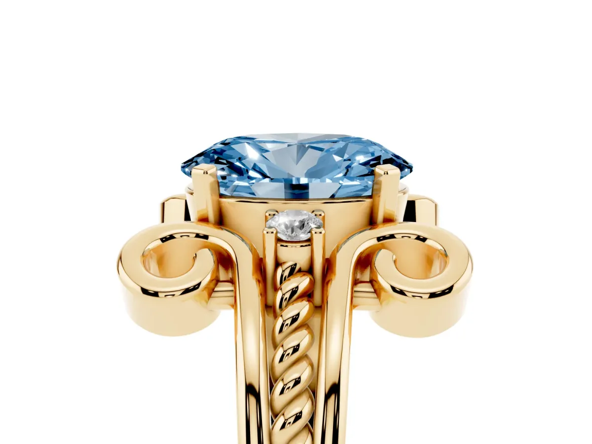 Fancy Blue Oval Cut Solitaire Twisted Band Scroll Prong Ring Yellow gold