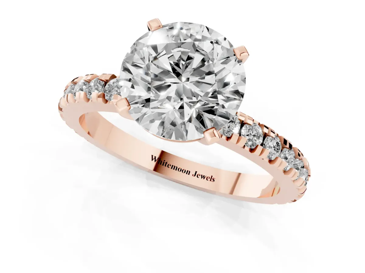 Round Cut Diamond Pavé Band Solitaire with Four-Prong Setting Rose gold